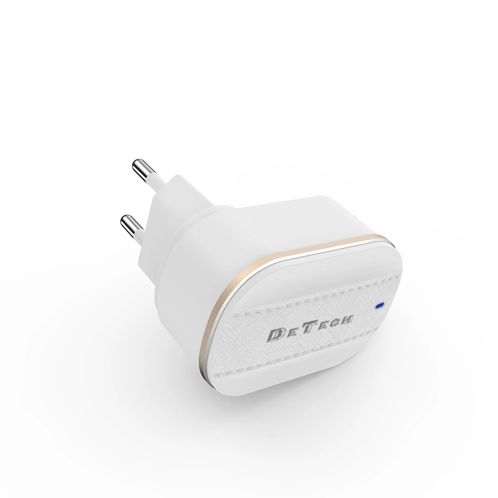 Мрежово зарядно устройство DeTech DE-15i, 5V/3.1A, 220V, 2 x USB, С Lightning кабел, 1.0m, Бял