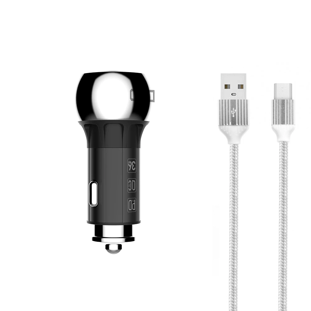 Зарядно устройство за кола LDNIO C1, 1xUSB QC3.0, 1xType-C PD, С Micro USB кабел, Сив