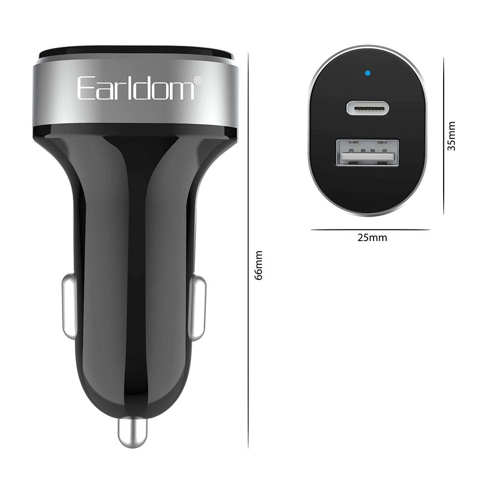 Зарядно устройство за кола Earldom ES-CC14, 1xUSB, 1xType-C, С PD Type-C кабел, Черен