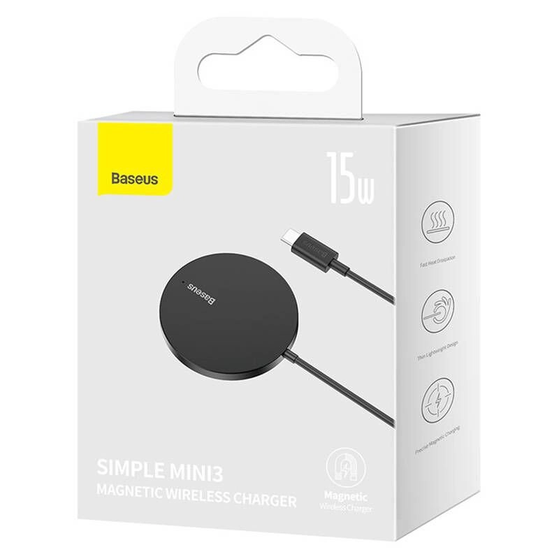 Безжично зарядно устройство Baseus Simple Mini 3, Qi, 15W, Черен