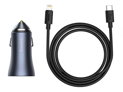 Зарядно устройство за кола Baseus Golden Contactor Pro, 40W, USB, Type-C, С Lightning кабел, Сив