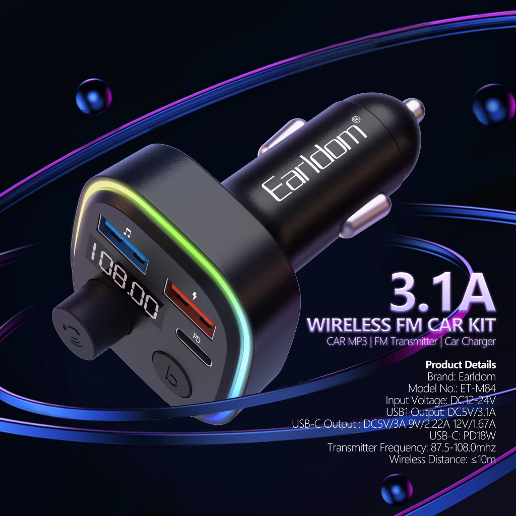 FM Трансмитер Earldom ET-M84, Bluetooth, USB, Type-C, PD, 3.1A, Черен