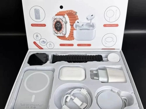 Комплект с 49mm/2" X8 Smartwatch, безжични слушалки за поставяне в ушите, зарядно, кабели, външна батерия, 8 в 1