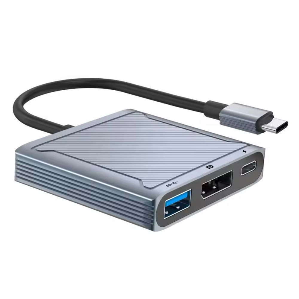 Преходник DeTech, USB-C - DP 8K 60HZ, USB3.0, PD 60W, Сив