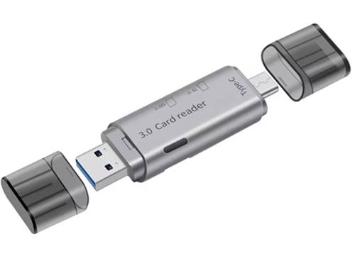 Четец за карти DeTech, USB Type-C - USB 3.0 OTG, SD, TF, сребрист