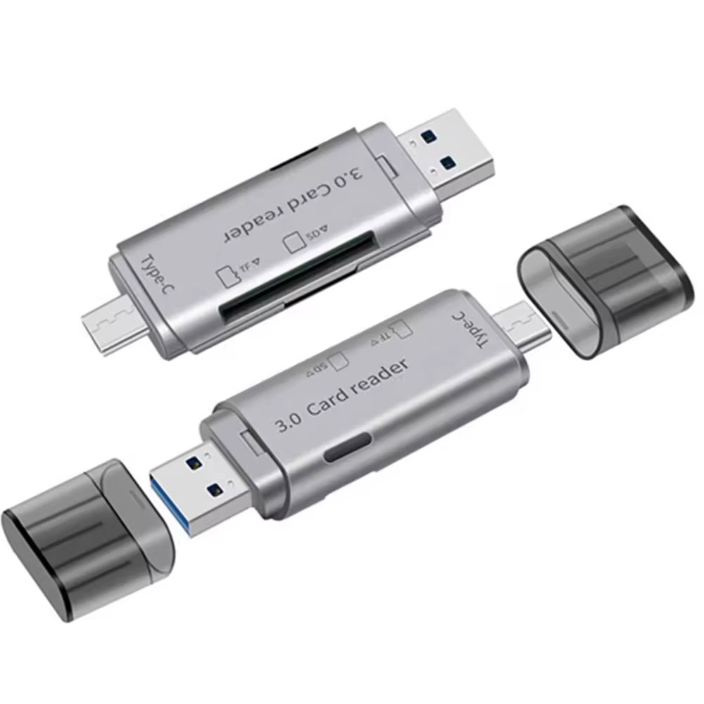 Четец за карти DeTech, USB Type-C - USB 3.0 OTG, SD, TF, сребрист