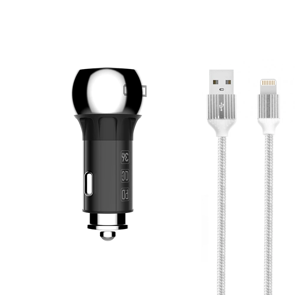 Зарядно устройство за кола LDNIO C1, 1xUSB QC3.0, 1xType-C PD, С Lightning кабел, Сив